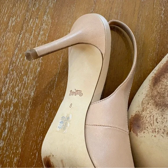 Coach ALLIE Beige Nude Leather Slingback Pump Stiletto Logo On Toe Luxury - Picture 9 of 14